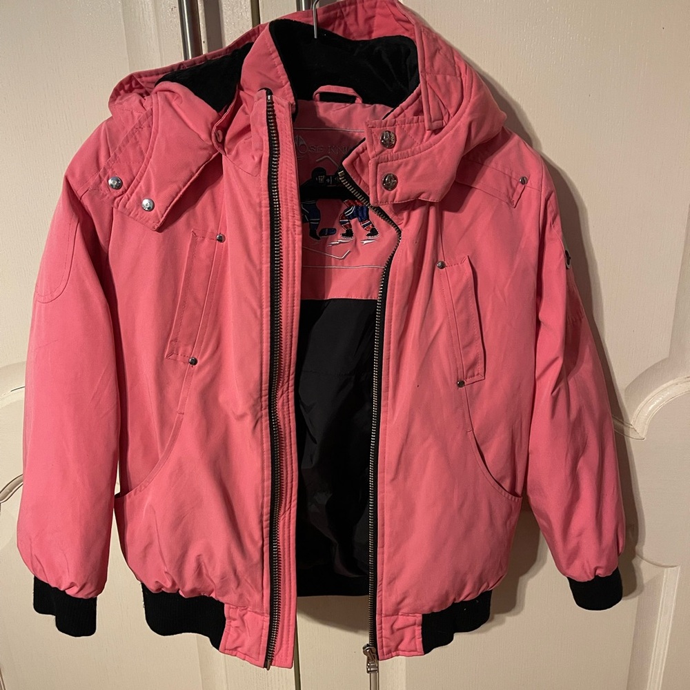 Moose Knuckles Pink Puffer Jacket with High Collar and Smooth Texture